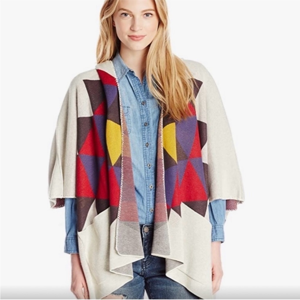 Billabong Aztec Hooded Cardigan Poncho Geometric Open Front Pockets Coverup